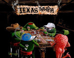 Painted image by Michael Godard of animated olives playing poker with a strawberry serving drinks and a texas hold em sign over head on a black background.