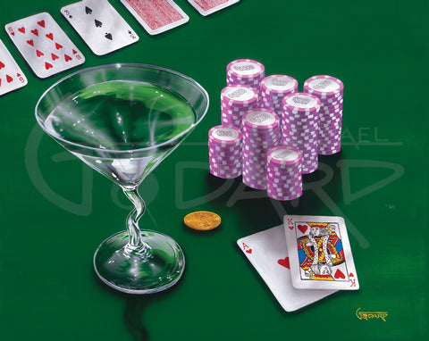 painted image by Michael Godard of a martini glass sitting on green card table with poker chips and playing cards.