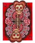 painted image of a queen playing card with a skeleton on red background with pink roses.