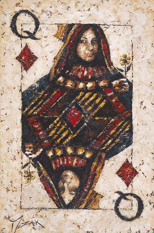 Painted image by Trevor Mezak of a Queen of Diamonds playing card on textured off white background.