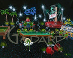 Painted image by Michael Godard of animated olives referencing the rat pack characters and Marilyn Monroeplaying pool and gambling in a casino setting painted on a black background.