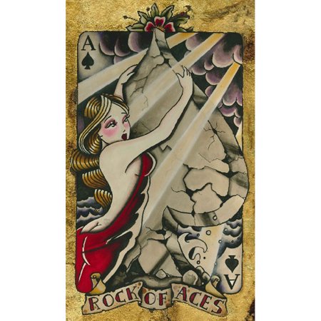 Painted image of a woman grasping onto a carved stone spade as a playing card ace of spades with the words rock of aces written at the bottom..