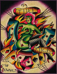 Tatto Style painted image by Ryan Downie of a green woman and playing cards and a banner of the written words tuff luck.